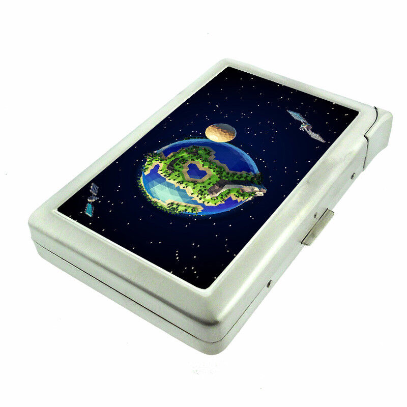 Global Space Em1 100\'s Size Cigarette Case with Built in Lighter Metal Wallet
