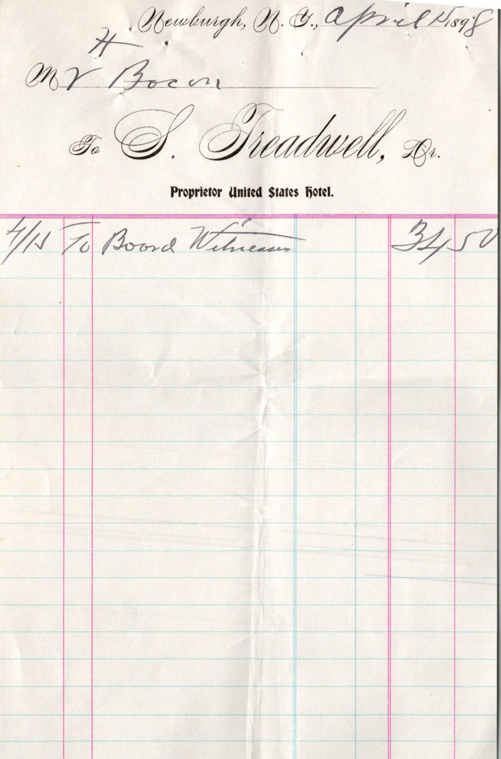 S Treadwell Newburgh NY 1898 Billhead United States Hotel Boarding Witnesses