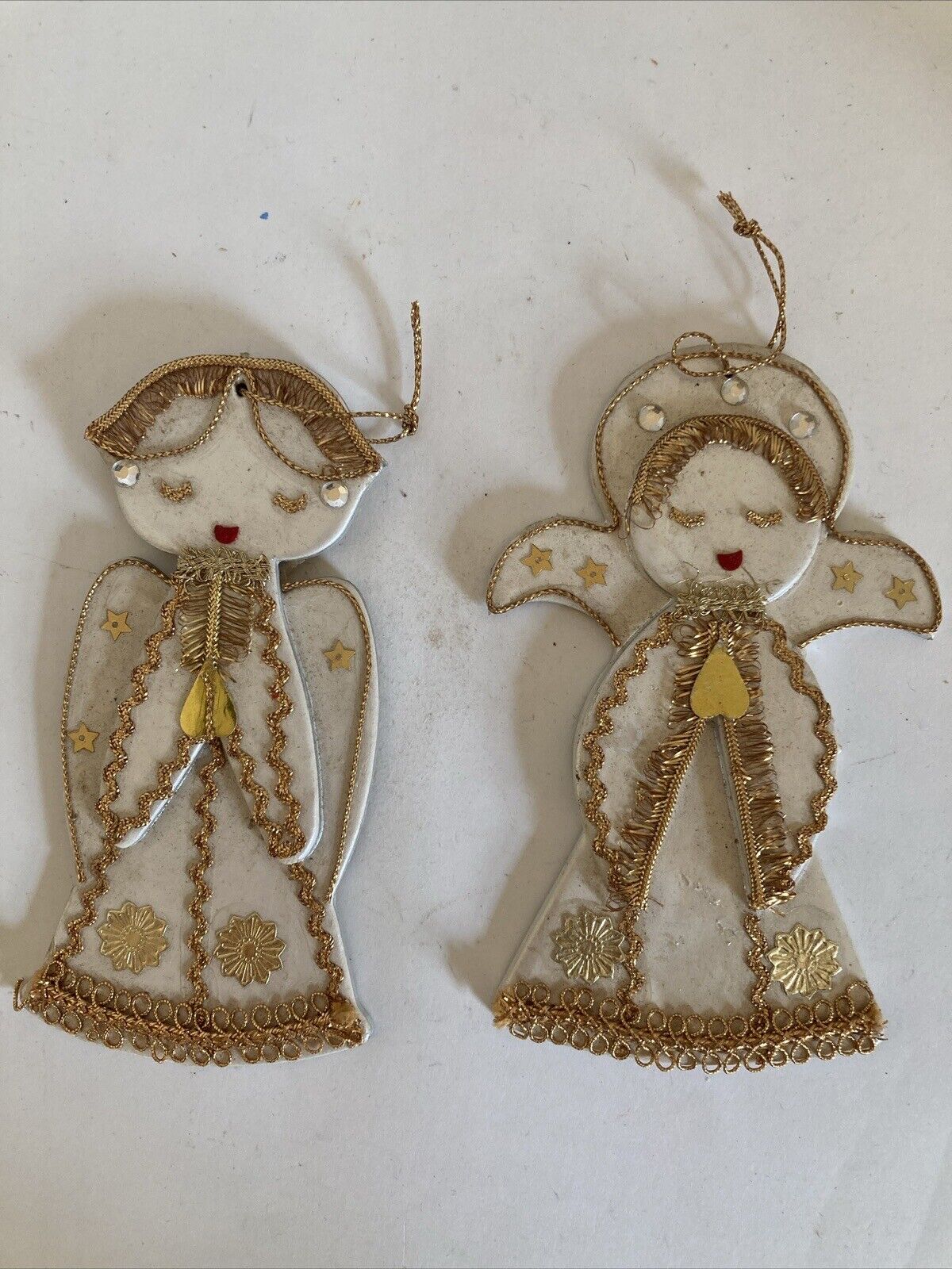 2 Vintage INARCO Japan White Gold ANGEL Christmas Tree Ornament Set