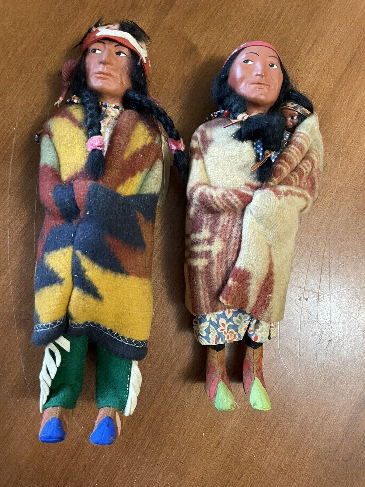 2 Skookum Native American Indian dolls Chief Squaw Papoose 13-11” Vintage lot
