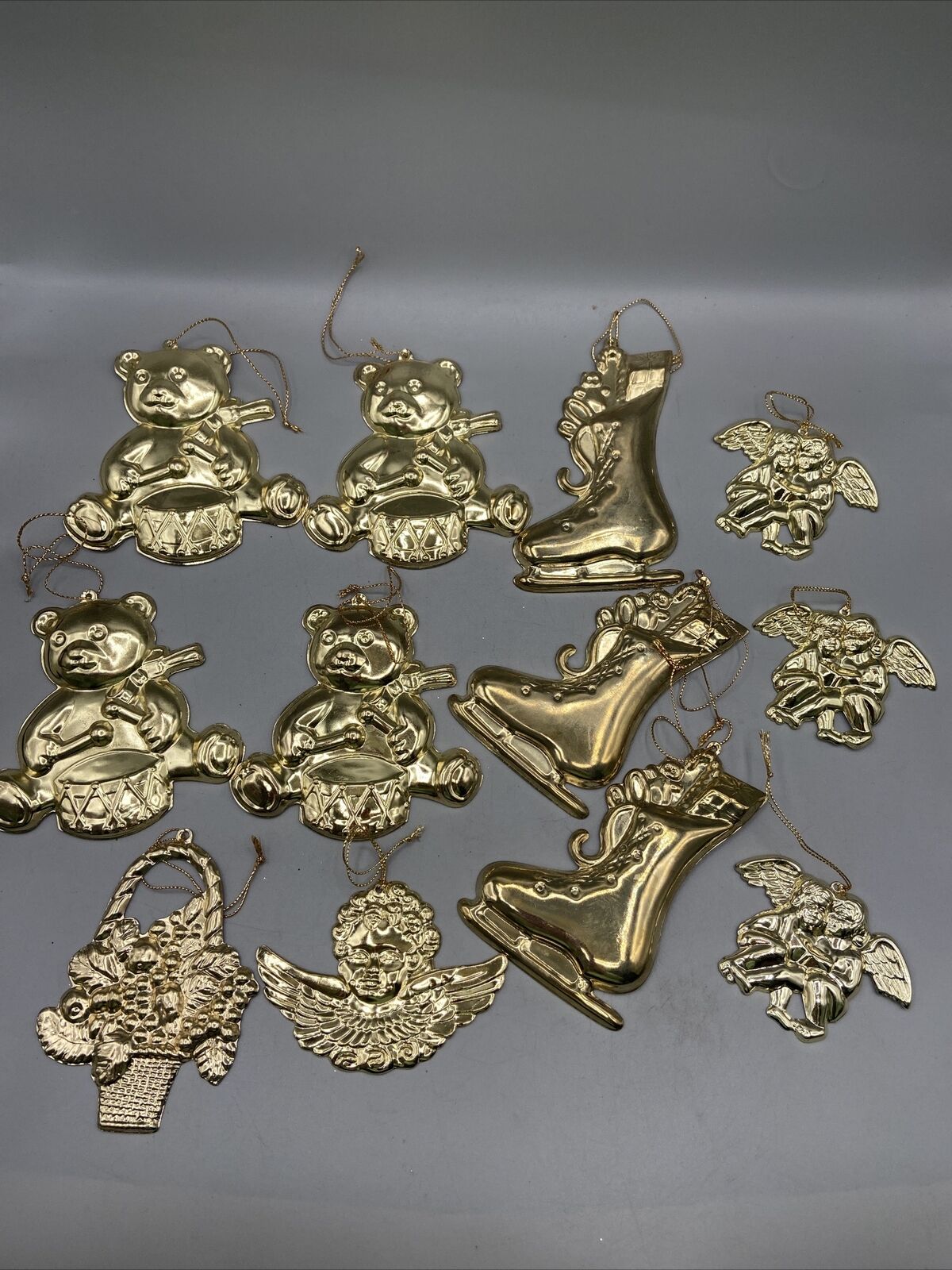 Metal Gold Colored 4” Bear, Skate, Angel, Basket Embossed Christmas Ornament C31