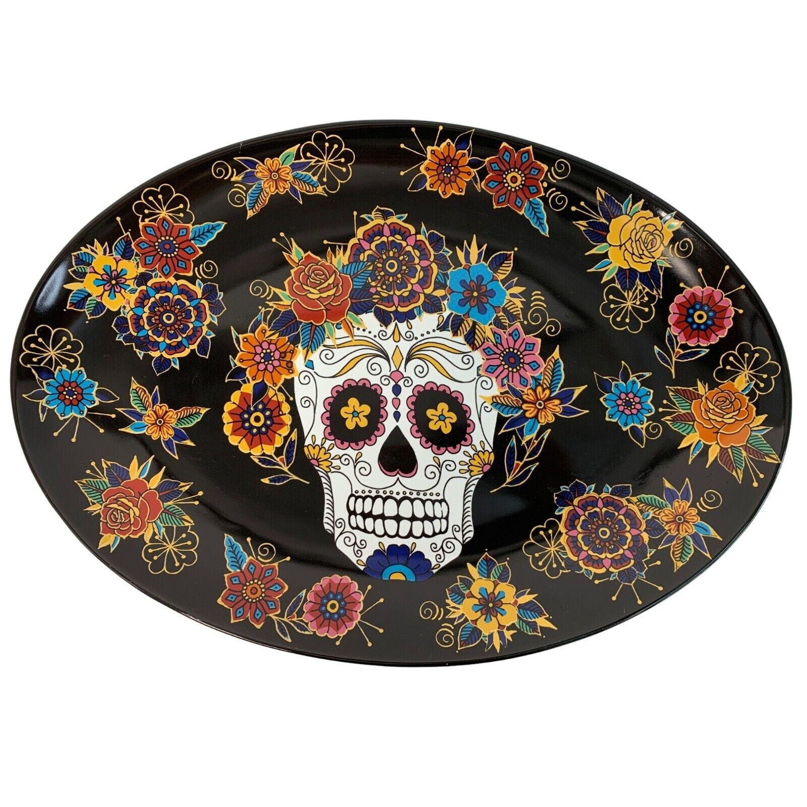 William Sonoma Day Of The Dead Ceramic Platter Floral Skull Halloween 7331 EUC