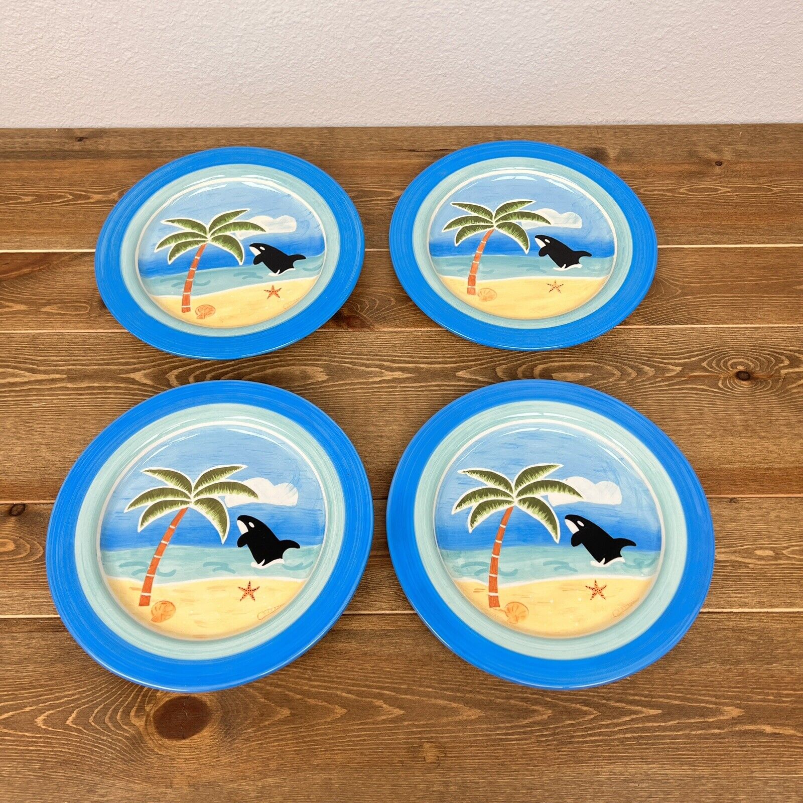 Seaworld Shamu Whale Dinner Plates Set Of 4 Hand Painted