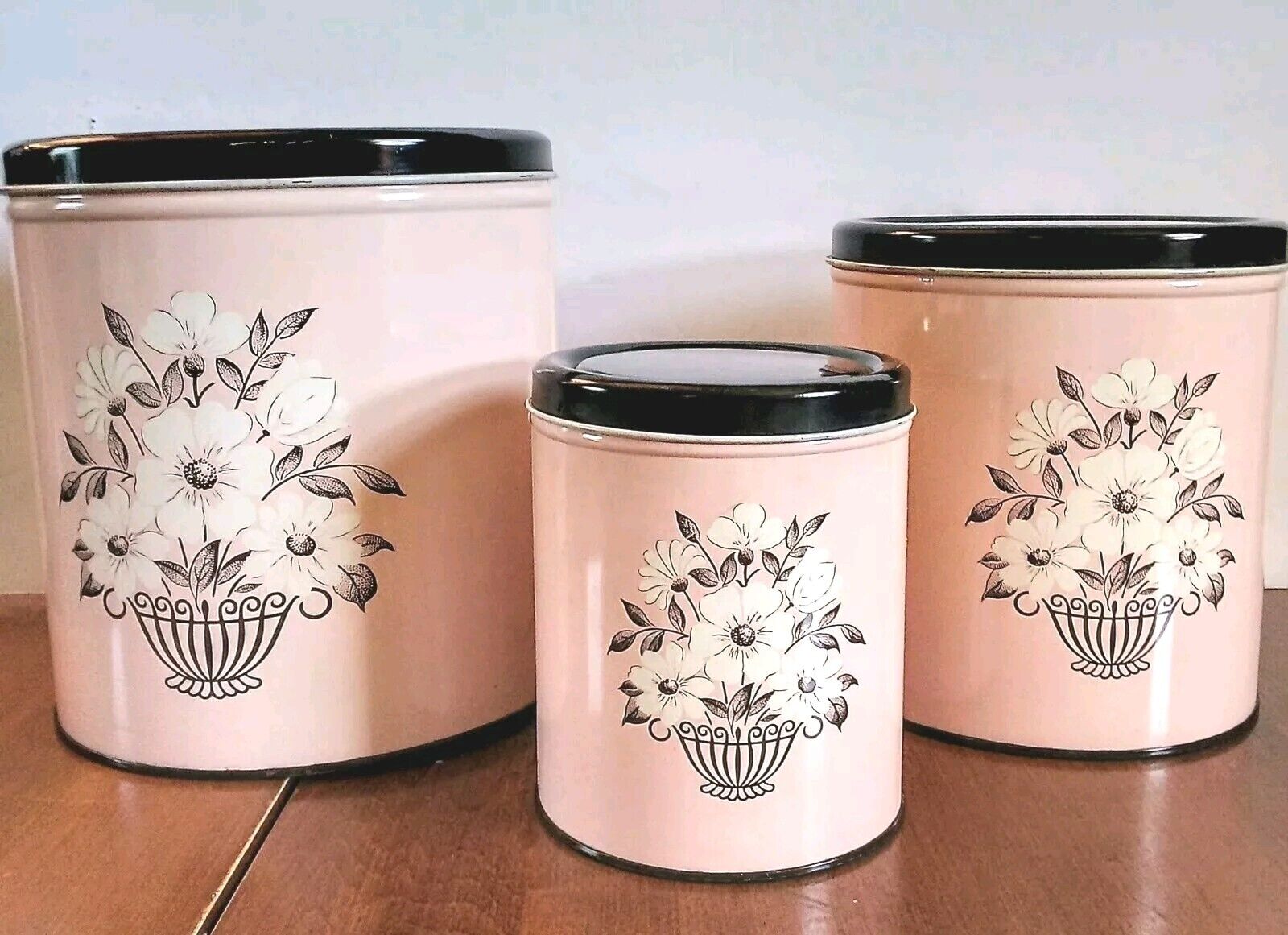 Decoware 1950's Pink 3 Piece Floral Nesting Canisters