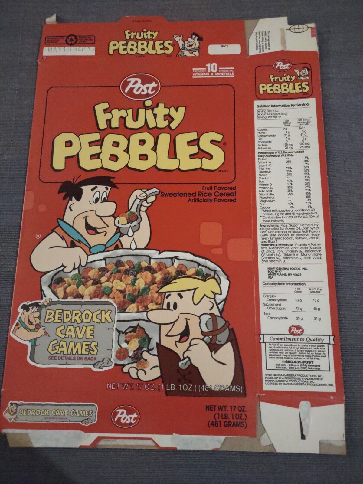1993 POST FRUITY PEBBLES Empty CEREAL BOX Used Flat Bedrock Cave Games