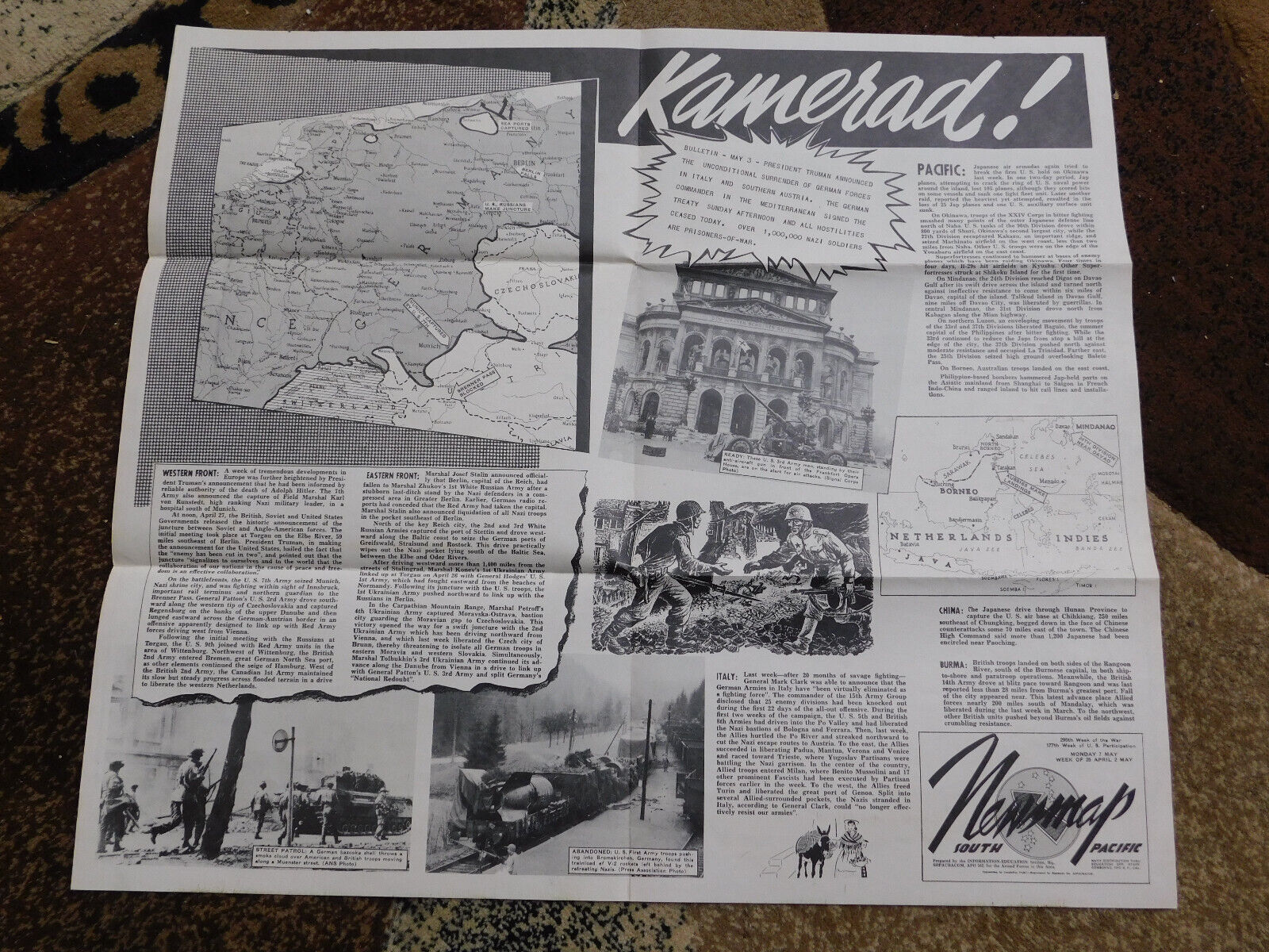 1944 NEWSMAP South Pacific German Surrender WWII Newspaper Poster 24\