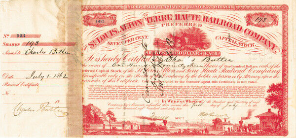 Charles Butler - St. Louis, Alton and Terre Haute Railroad - Stock Certificate -