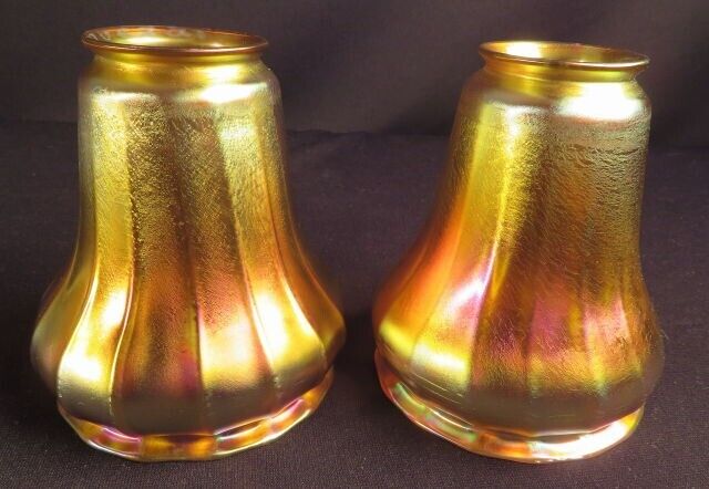 Circa 1900 Signed Matching of Pair 'Quezal'  Gold Iridescent Art Glass Shades