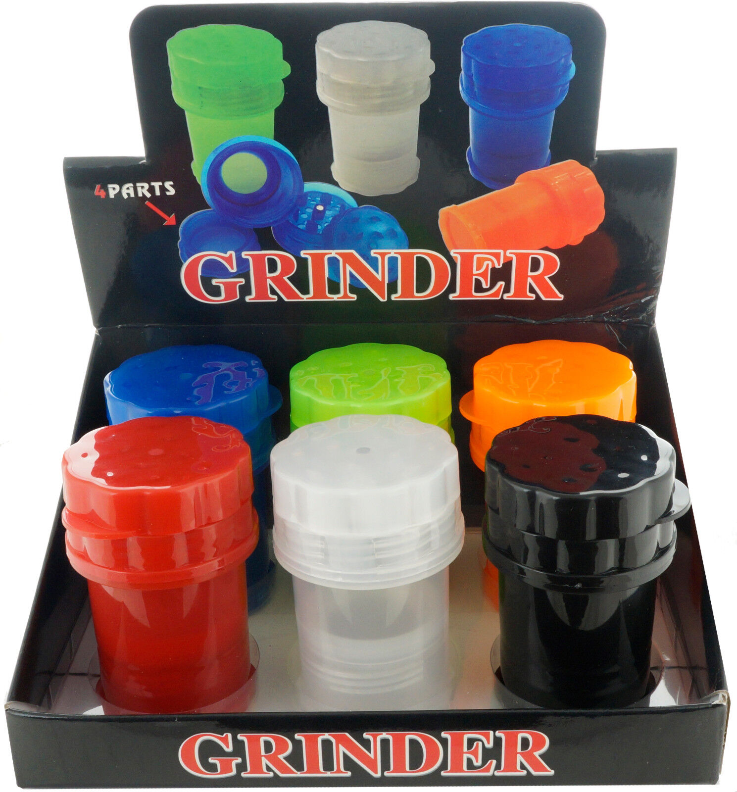 6 LOT STORAGE CONTAINER W/ BUILT IN GRINDER SMELL PROOF ASST COLORS