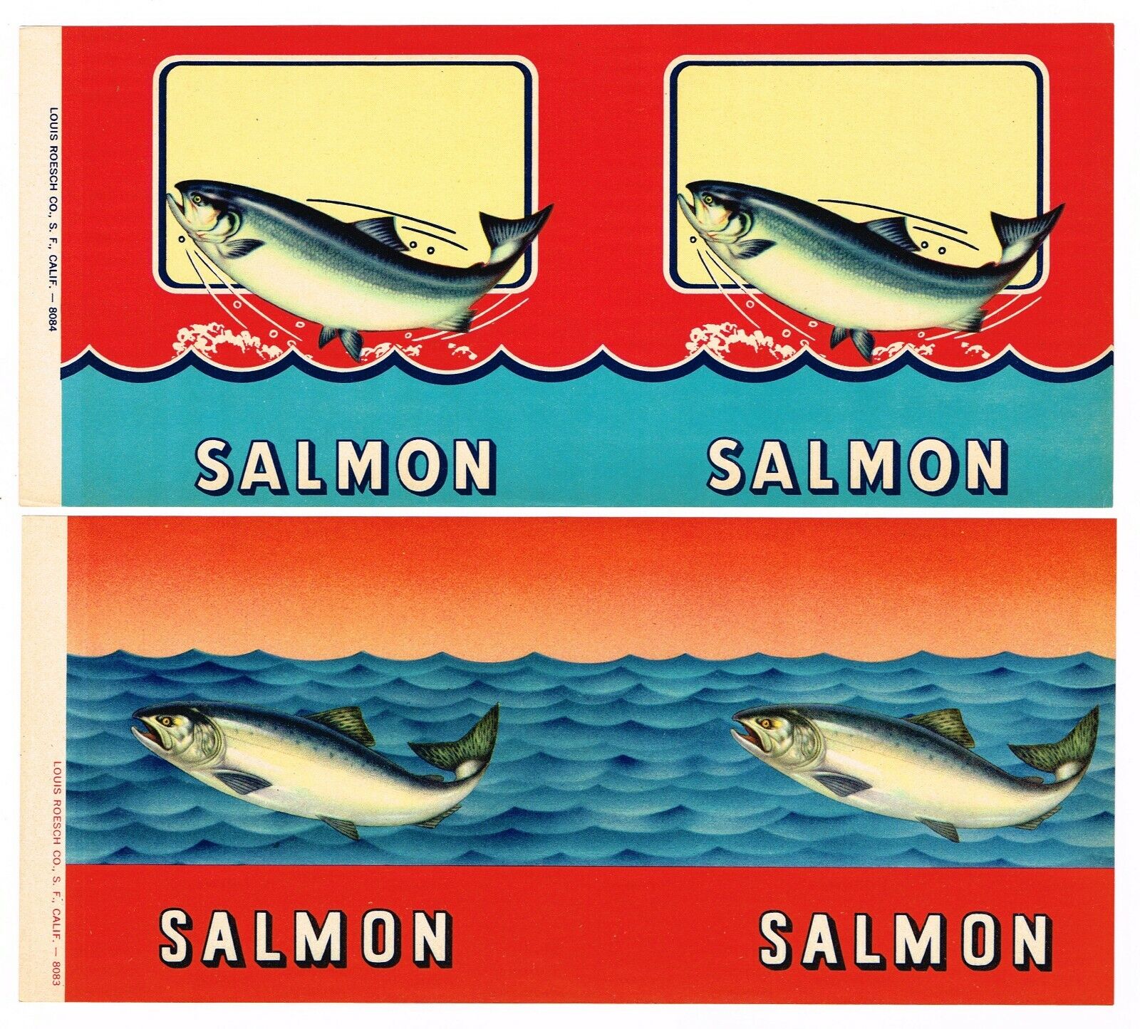 2 DIFFERENT ORIGINAL 1940S CAN LABELS VINTAGE SALMON FISH ADVERTISING STOCK