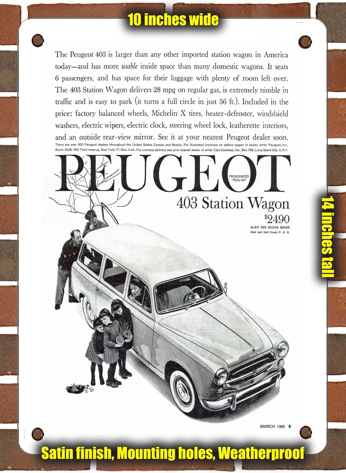 METAL SIGN - 1960 Peugeot 403 Station Wagon - 10x14 Inches