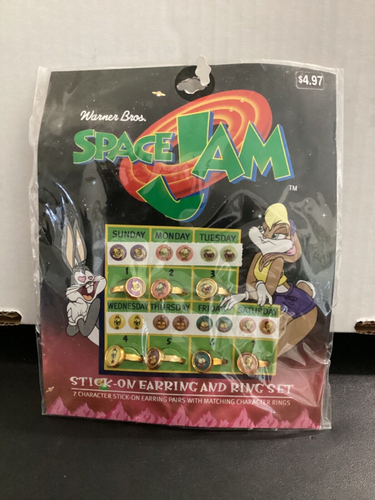 Vintage 1996 WB Space Jam Bugs and Lola Bunny Stick-on Earrings and Ring Set NIP