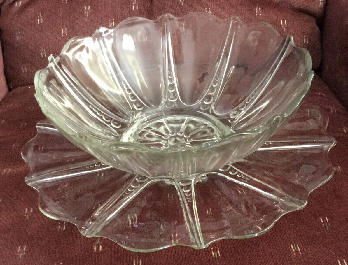 1930’s Oyster and Pearl Glass Fruit Bowl and Platter Set Clear Depression Glass