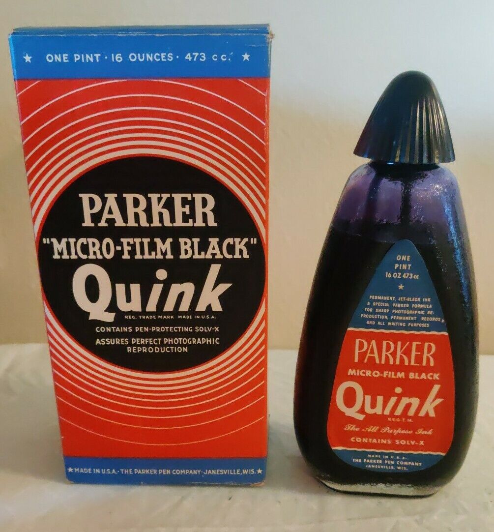 Vintage Parker Quink 1 Pint Vintage Ink Micro Film Black 16 Ounce BOTTLE Box GG