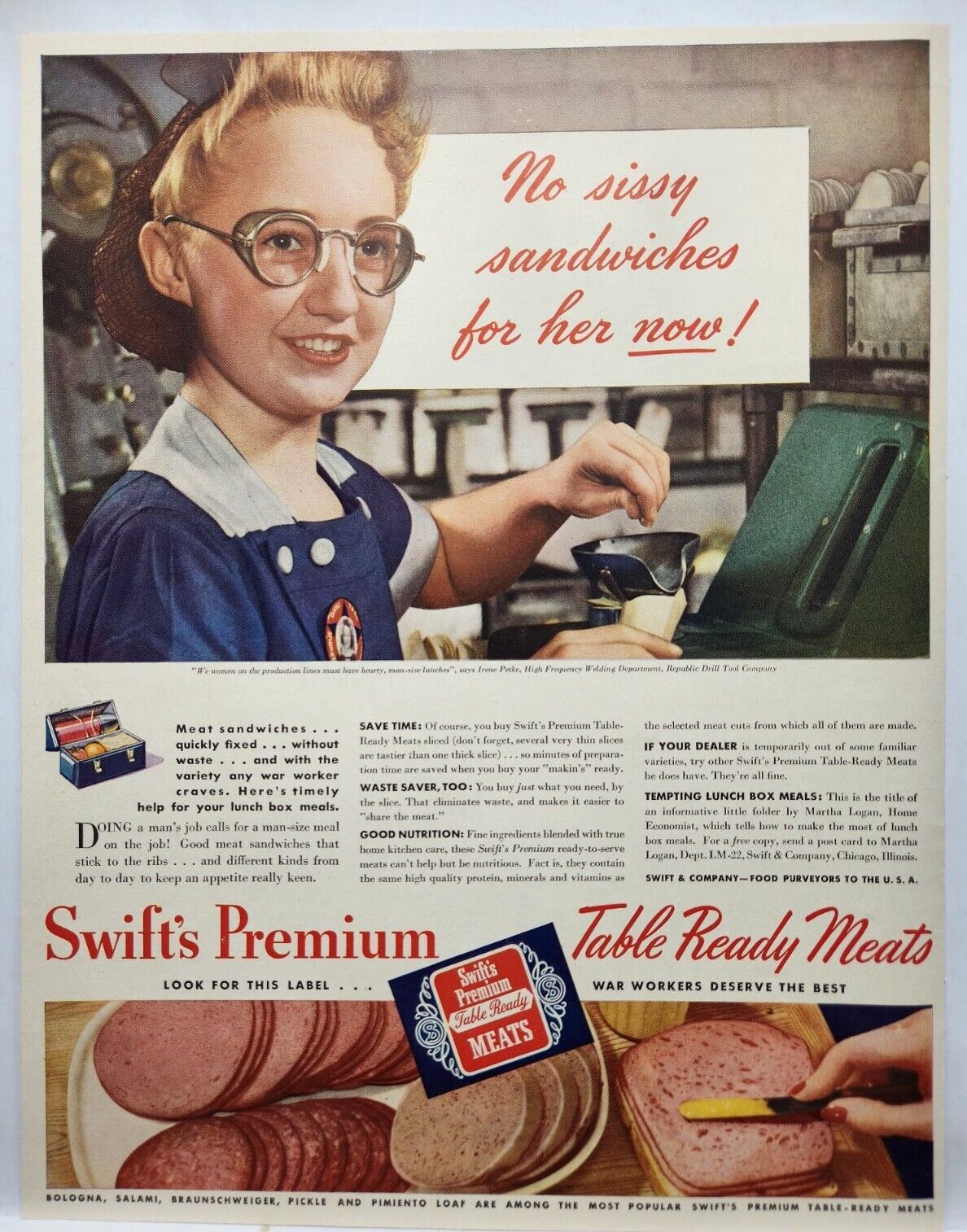 1943 Swift Premium Meats Republic Drill Tool Production Line Print Ad Art Deco