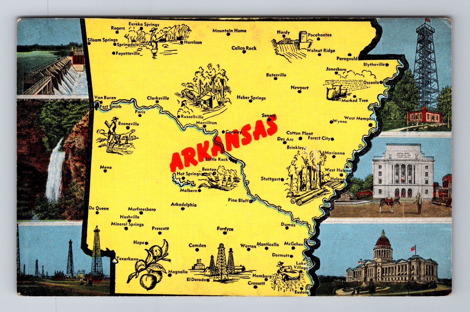 AR-Arkansas, Map And Landmarks, Antique, Vintage Souvenir Postcard