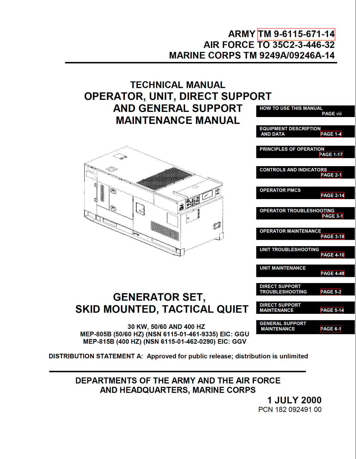542 p. 30kW TACTICAL QUIET GENERATOR SET MEP-805A MEP-815A Operator Manual on CD