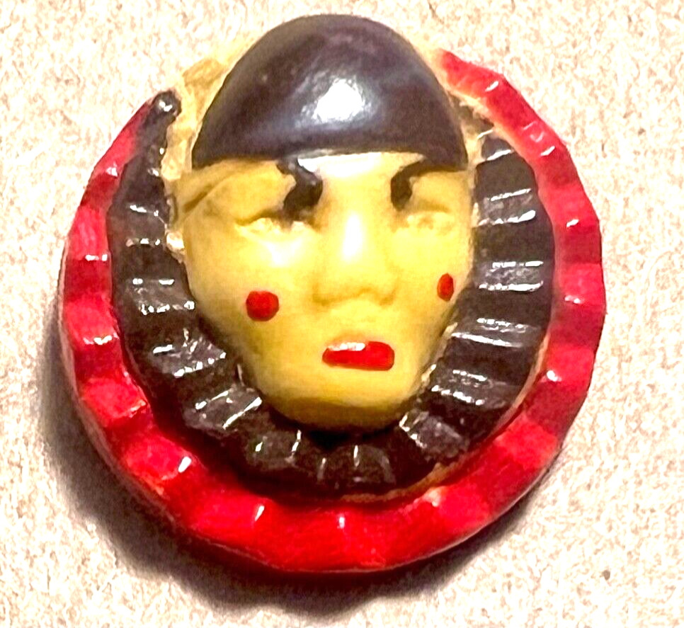 Nice Vintage 2 Pc Celluloid Button HP Face w Hat & Collar 5/8” French Pierrot ?
