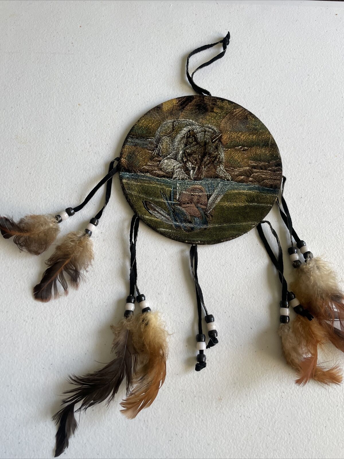 NATIVE AMERICAN Canvas DREAM CATCHER WALL HANGING DECORATION Wolf