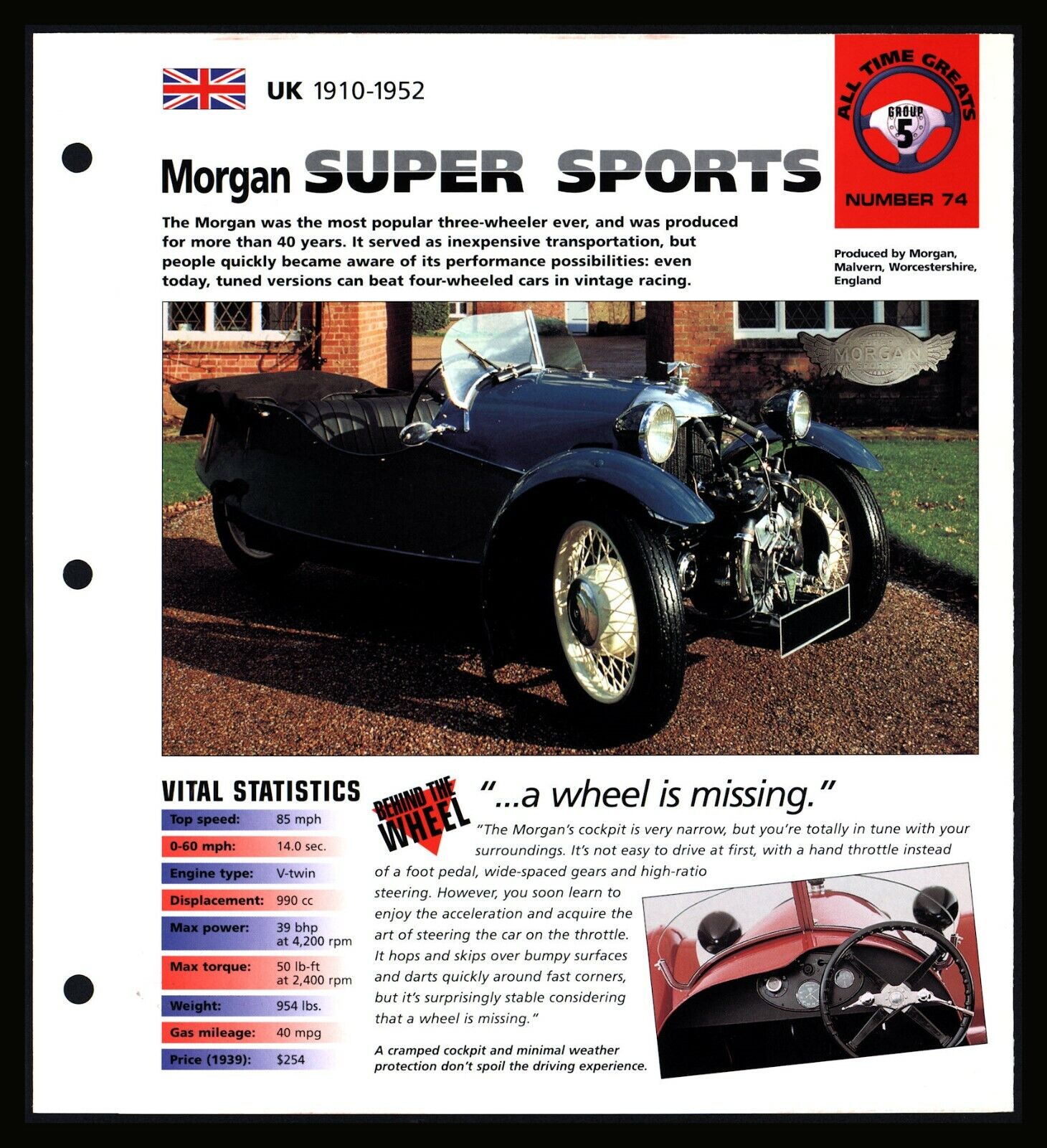 Morgan Super Sports (UK 1910-1952)Spec Sheet 1998 HOT CARS All Time Greats #5.74