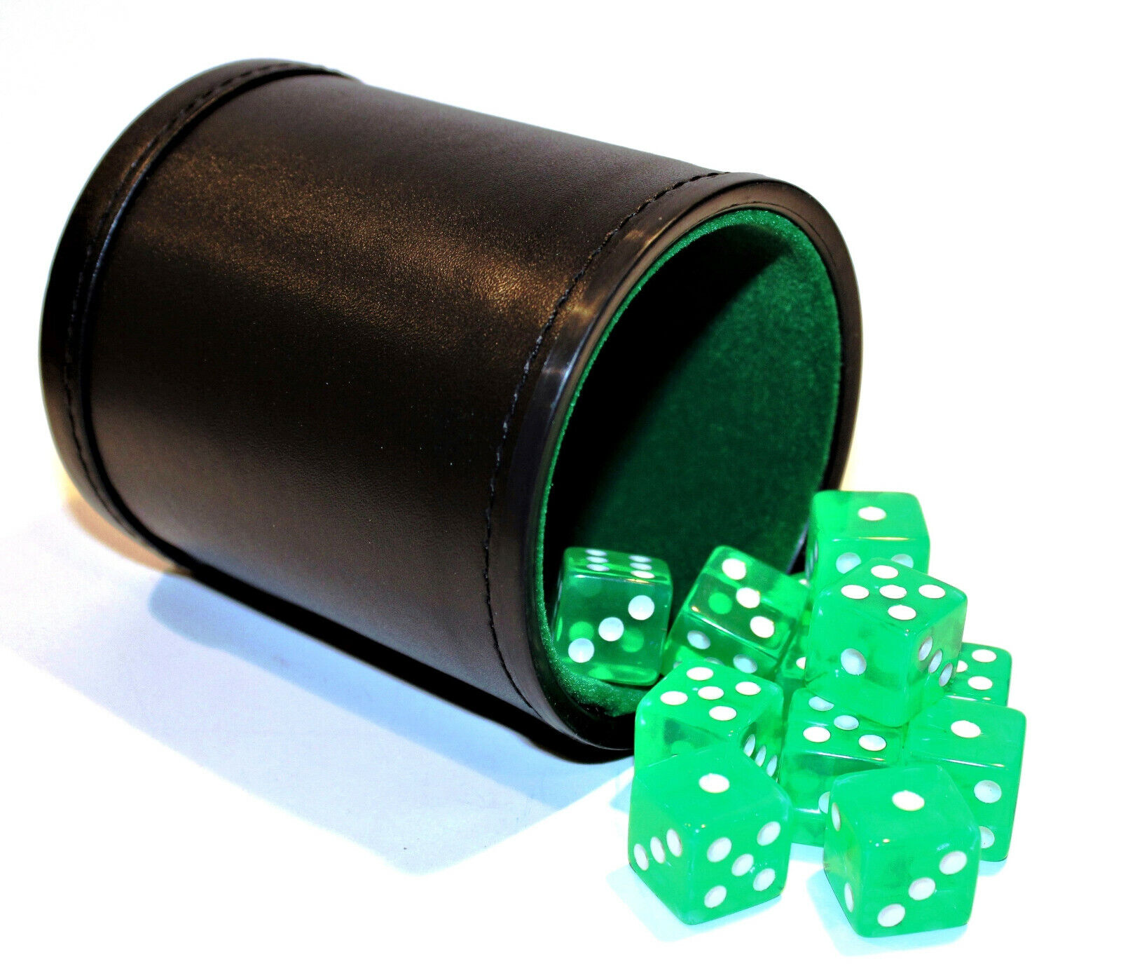 Bicast Leather Dice Cup w/ Green Felt Lining & 12 Translucent Green Game Dice