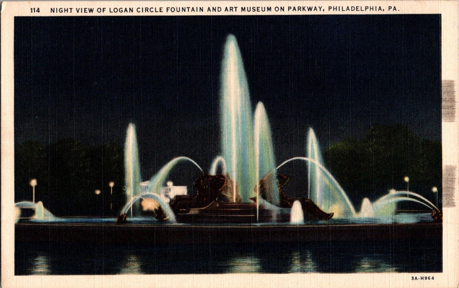 Philadelphia PA Night View Logan Circle Fountain Art Museum Parkway Postcard VTG