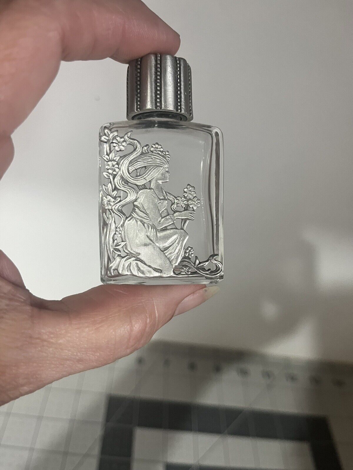 Vintage J.J. JONETT Glass Perfume Bottle Pewter Mother Nature Flowers Design