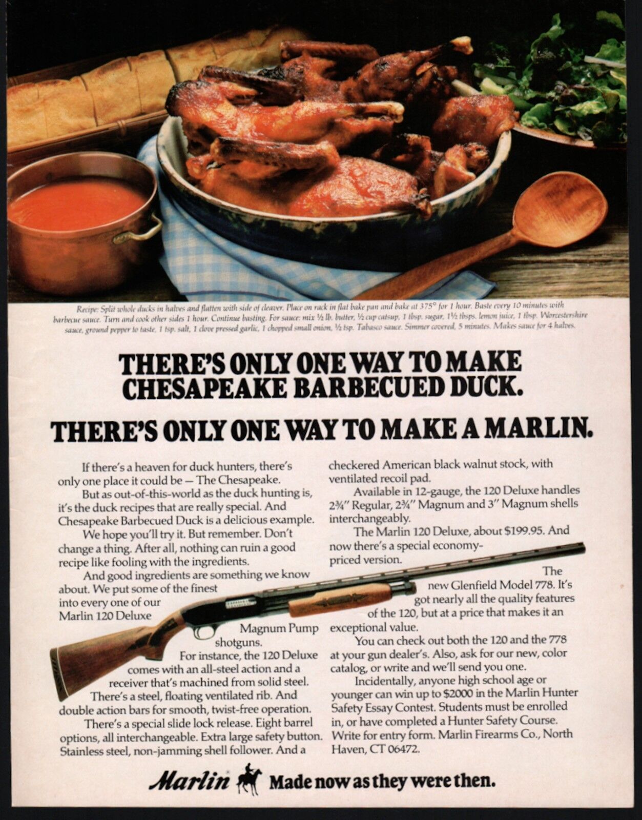 1978 MARLIN 120 Deluxe Shotgun AD Chesapeake Barbecued Duck Recipe Cabin Art*