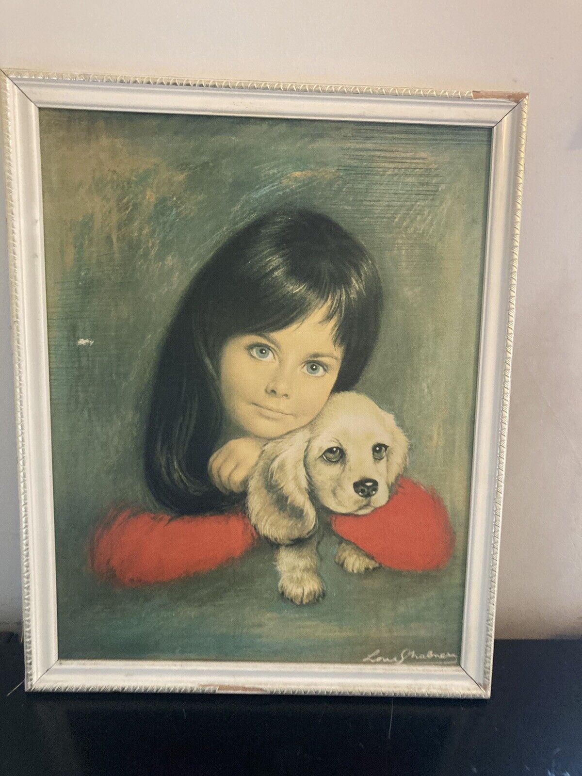 Louis Shabner 1960s Mid Century Girl And Puppy Dog Framed Vintage Print 64X51CM