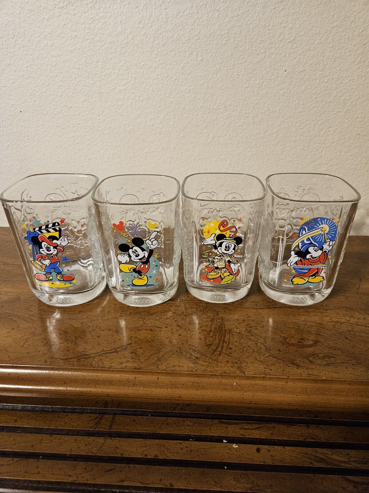 2000 Walt Disney World McDonald\'s Mickey Mouse Square Glasses Set of 4 Vintage