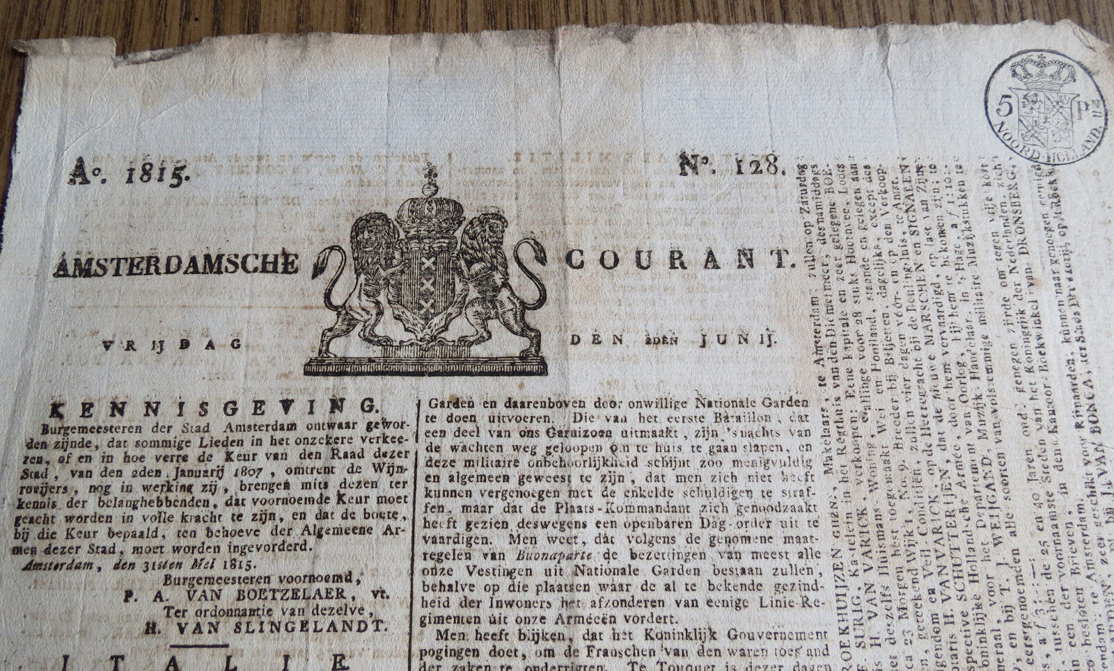 AMSTERDAM COURANT NEWSPAPER JUNE 1815  WATERLOO WELLINGTON BLUCHER GEN HILL NAP