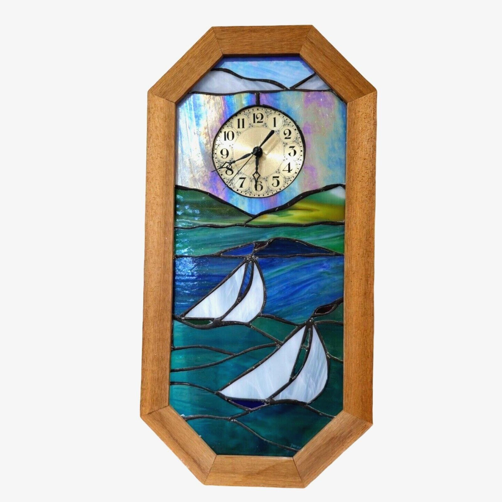 Stained Slag Glass Sail Boat Clock Nautical Sailing Coastal Beach Oak Frame 24\