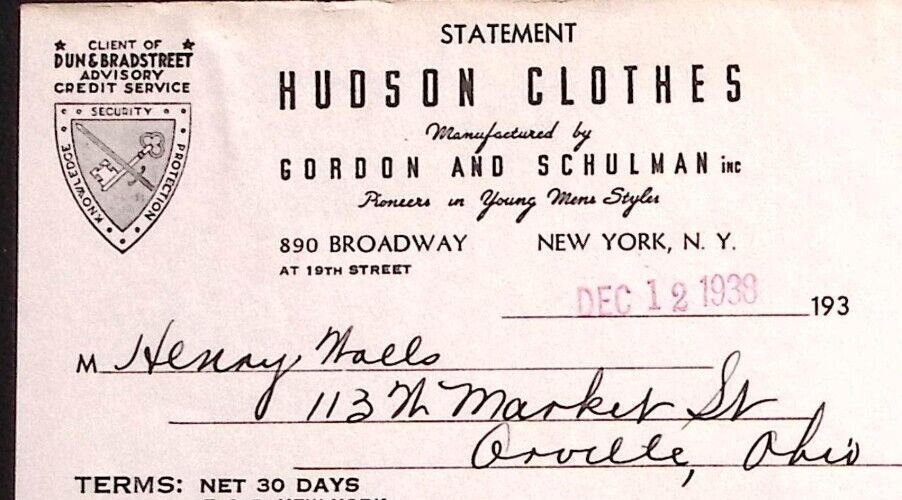 1938 HUDSON CLOTHER GORDON AND SCHULMAN NEW YORK BILLHEAD STATEMENT Z358