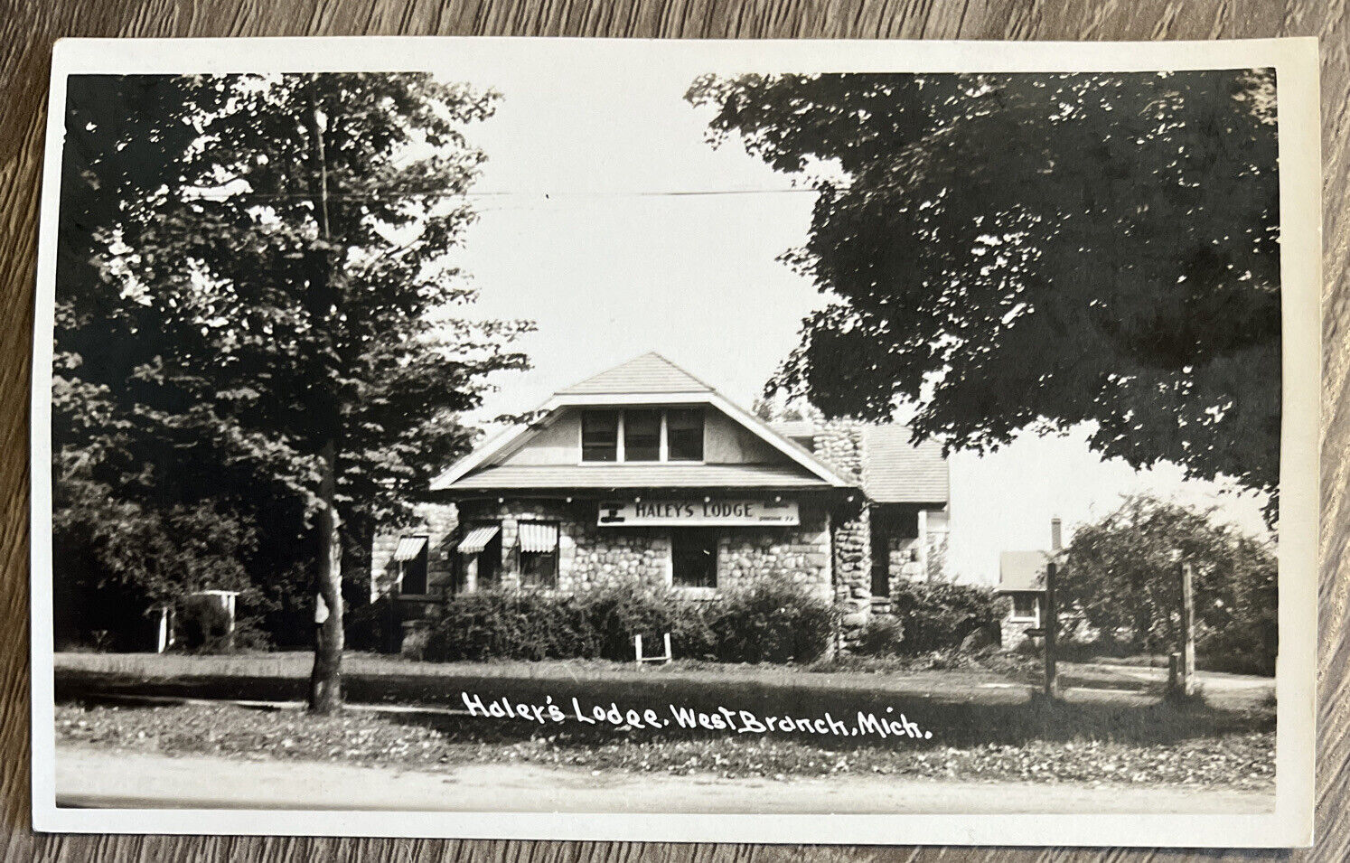 Real Photo Postcard West Branch Michigan Stone Walls Haley\'s Lodge RPPC 1940s