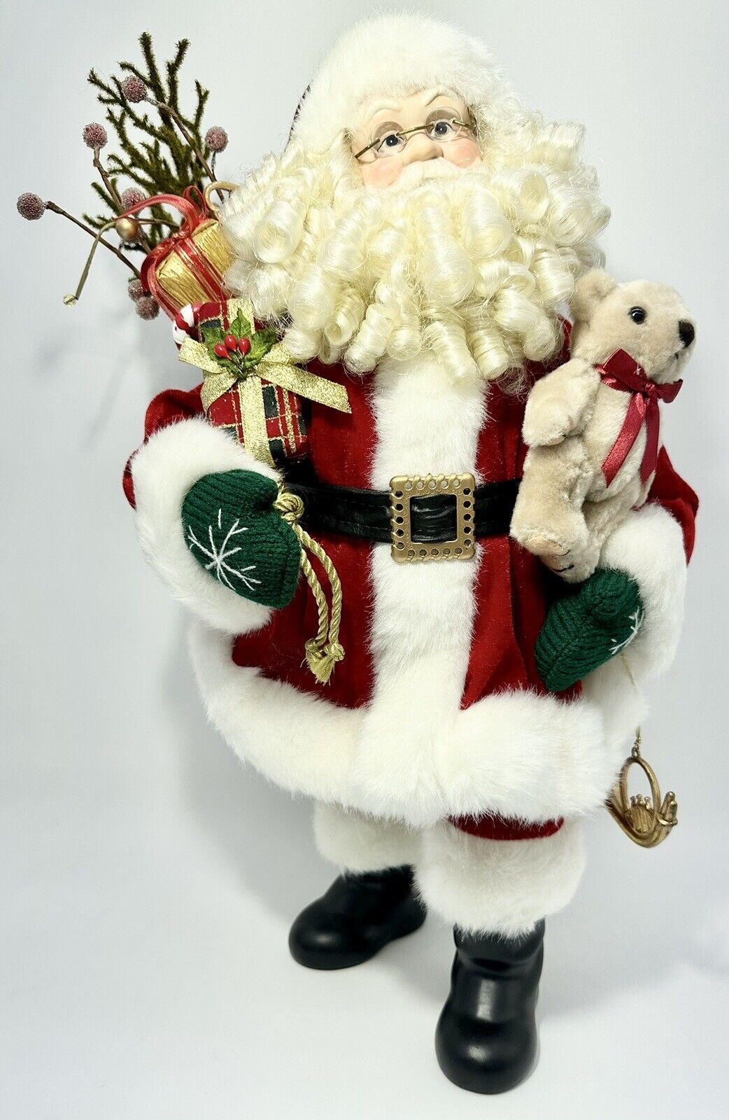 Vintage Holiday Christmas Santa Standing Doll With Bear, Gift Bag Santa Suit