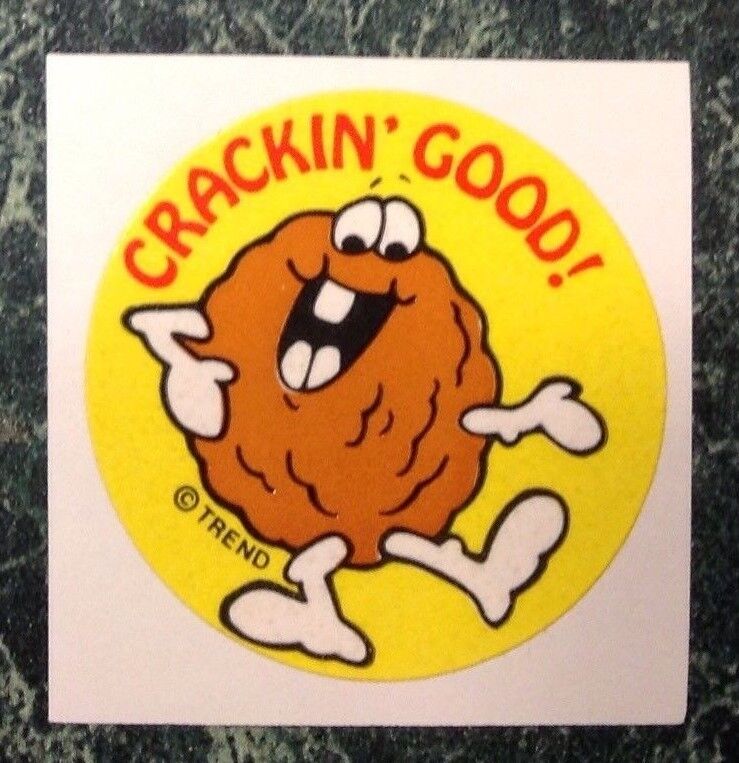 VTG 80s CRACKIN\' GOOD Trend Scratch & Sniff Stinky Sticker Walnut Nut Scent Rare