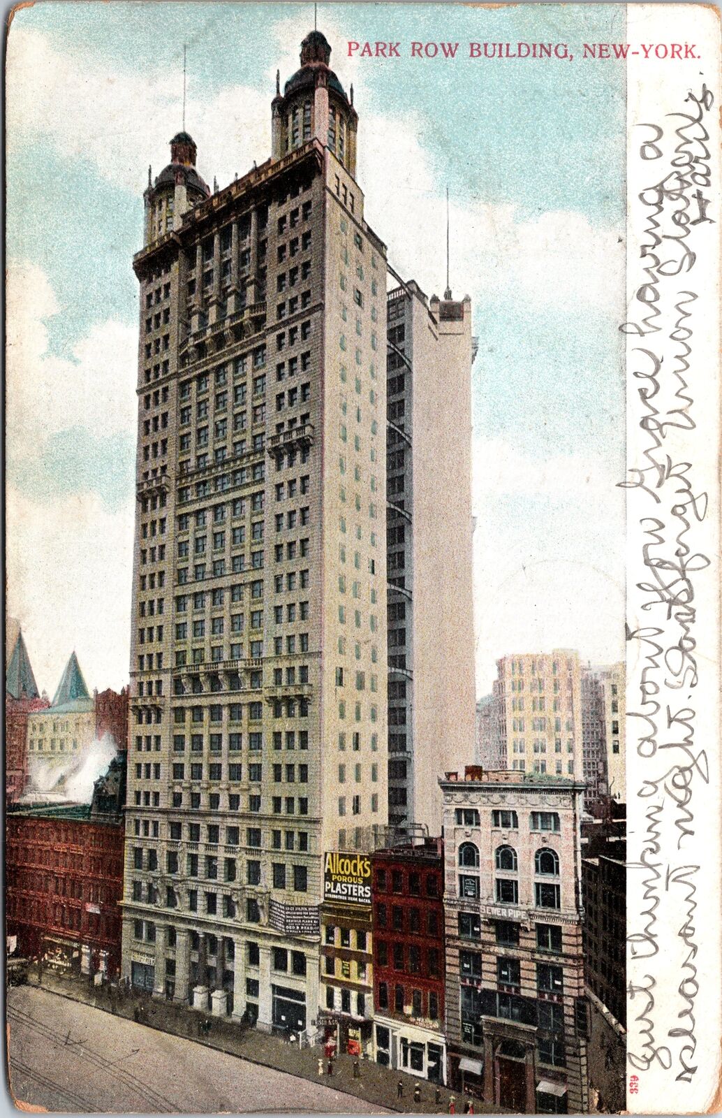 VINTAGE POSTCARD STREET SCENE AT THE PARK ROW BUILDING IN NEW YORK CITY 1906