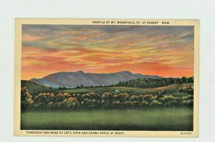 Vintage Postcard VERMONT PROFILE  MT. MANSFIELD  AT SUNSET   LINEN   POSTED 1942