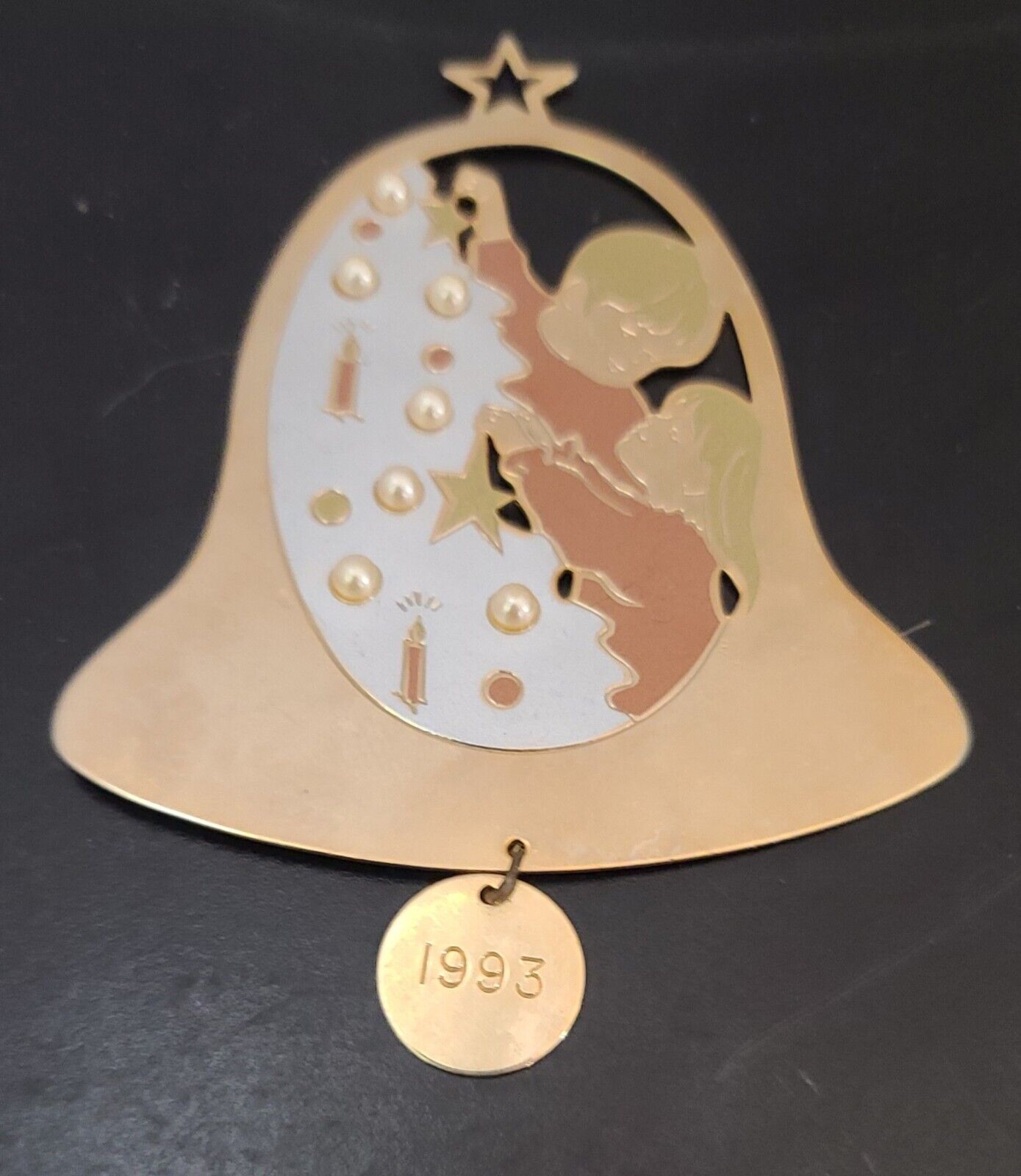 Vintage Trifari Gloria Duchin Christmas Ornament 1993 Tree Bell Pearls Gold