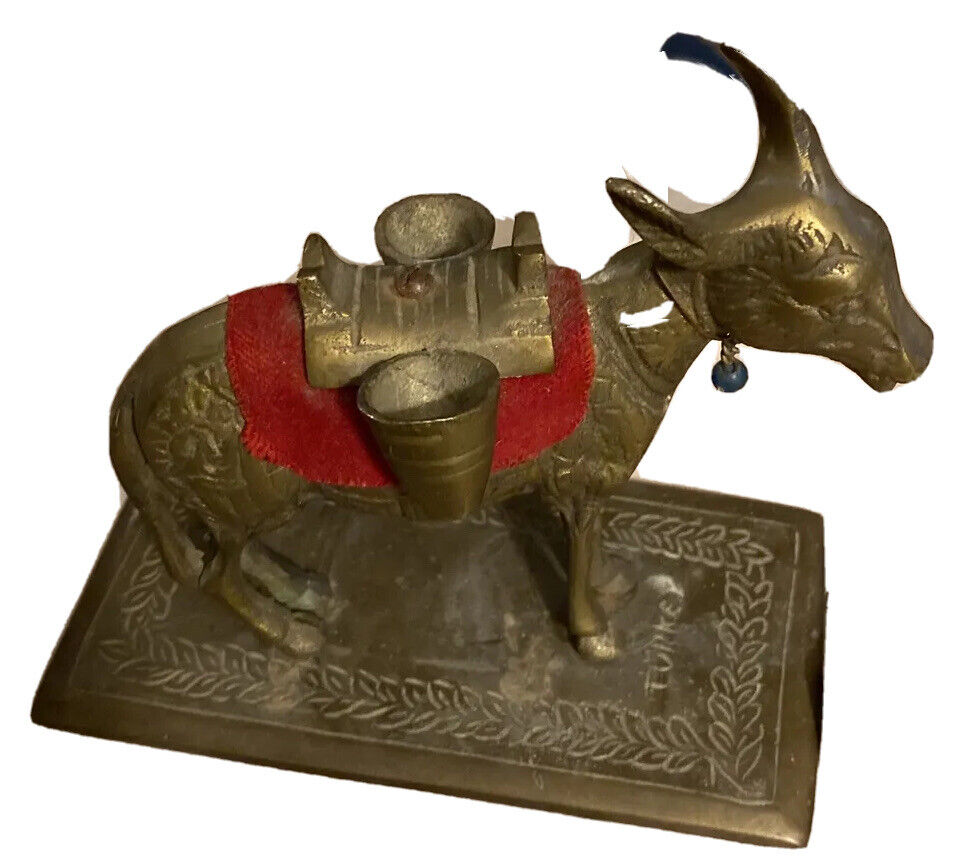 hand made Turkish souvenir brass donkey Carrying Buckets a Tiny Bell Vintage