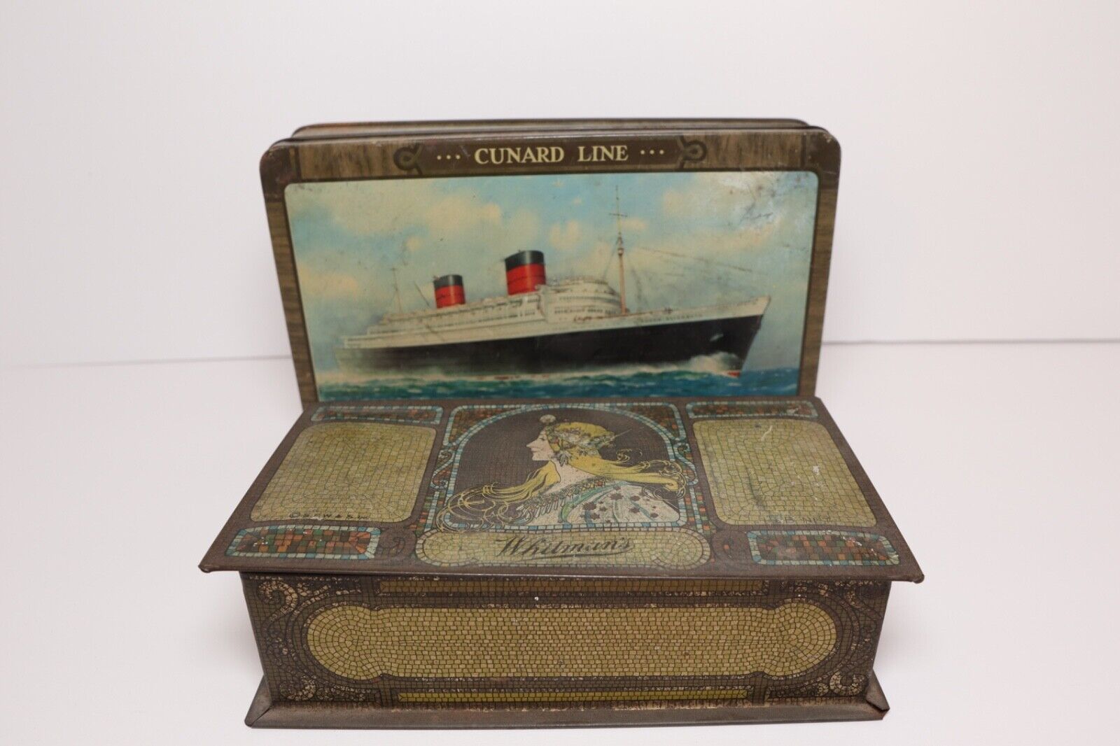 Antique Candy Tin Box Whitman\'s Chocolate + R.M.S Queen Elizabeth Toffee Tin