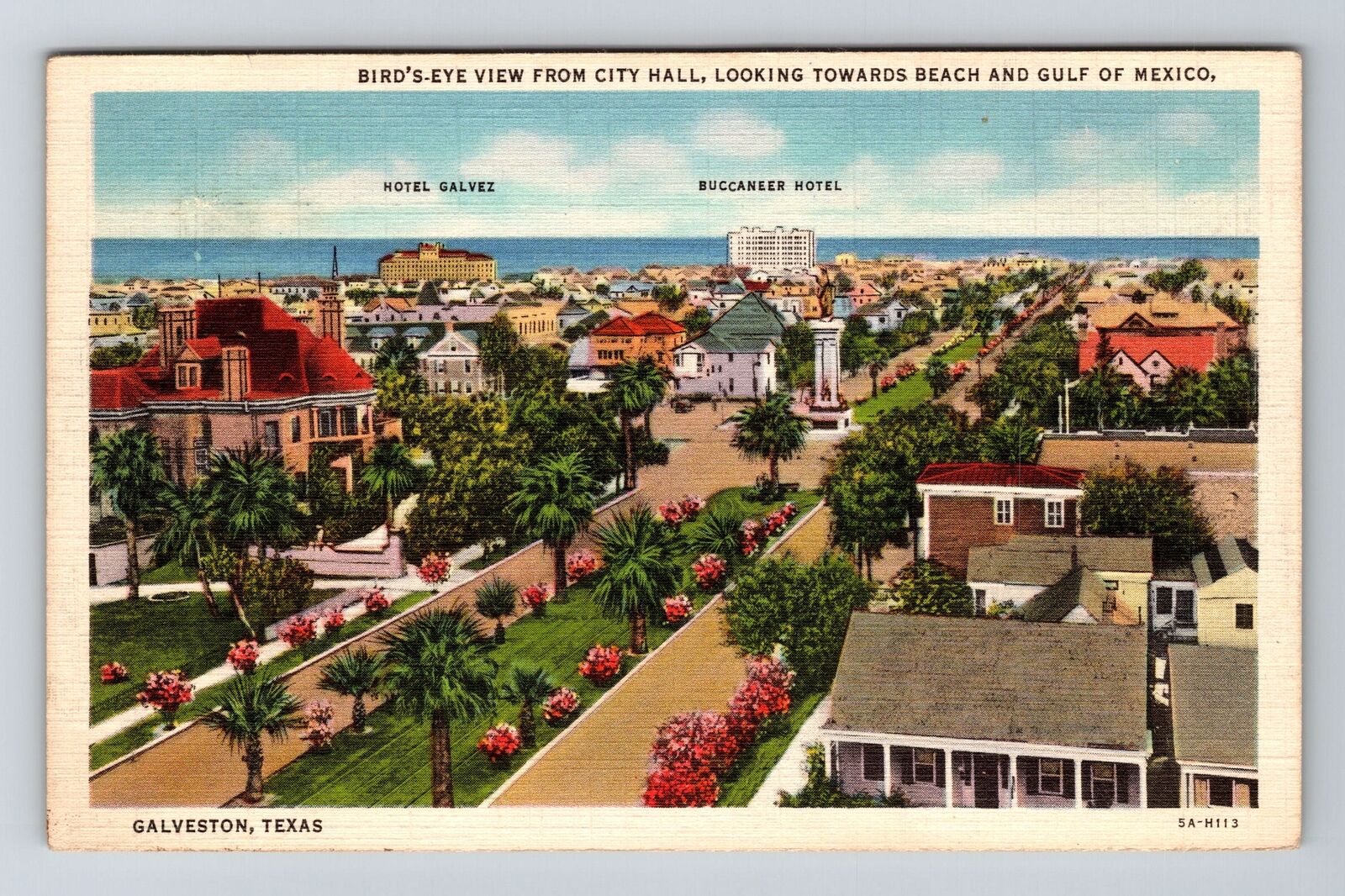 Galveston TX-Texas, Aerial Of City Hall Toward Beach Vintage Souvenir Postcard