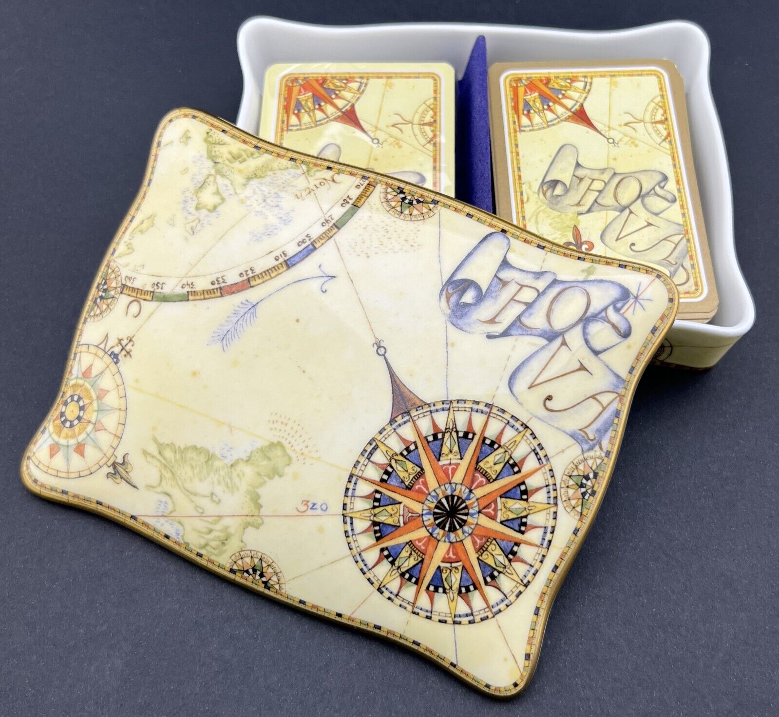Wedgwood Bone China, Playing Card Holder Atlas with Lid, 2 Decks + Box, 1996