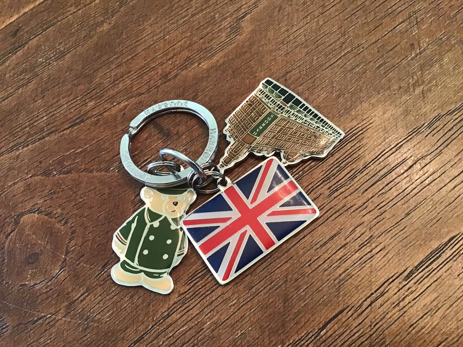 Harrods Knightsbridge Keychain Key Chain 3 charm British Flag, Bear Doorman Vtg