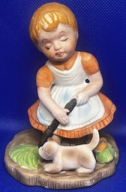 Vintage Royal Crown Hand Painted Girl w/ Mop & Puppy Figurine