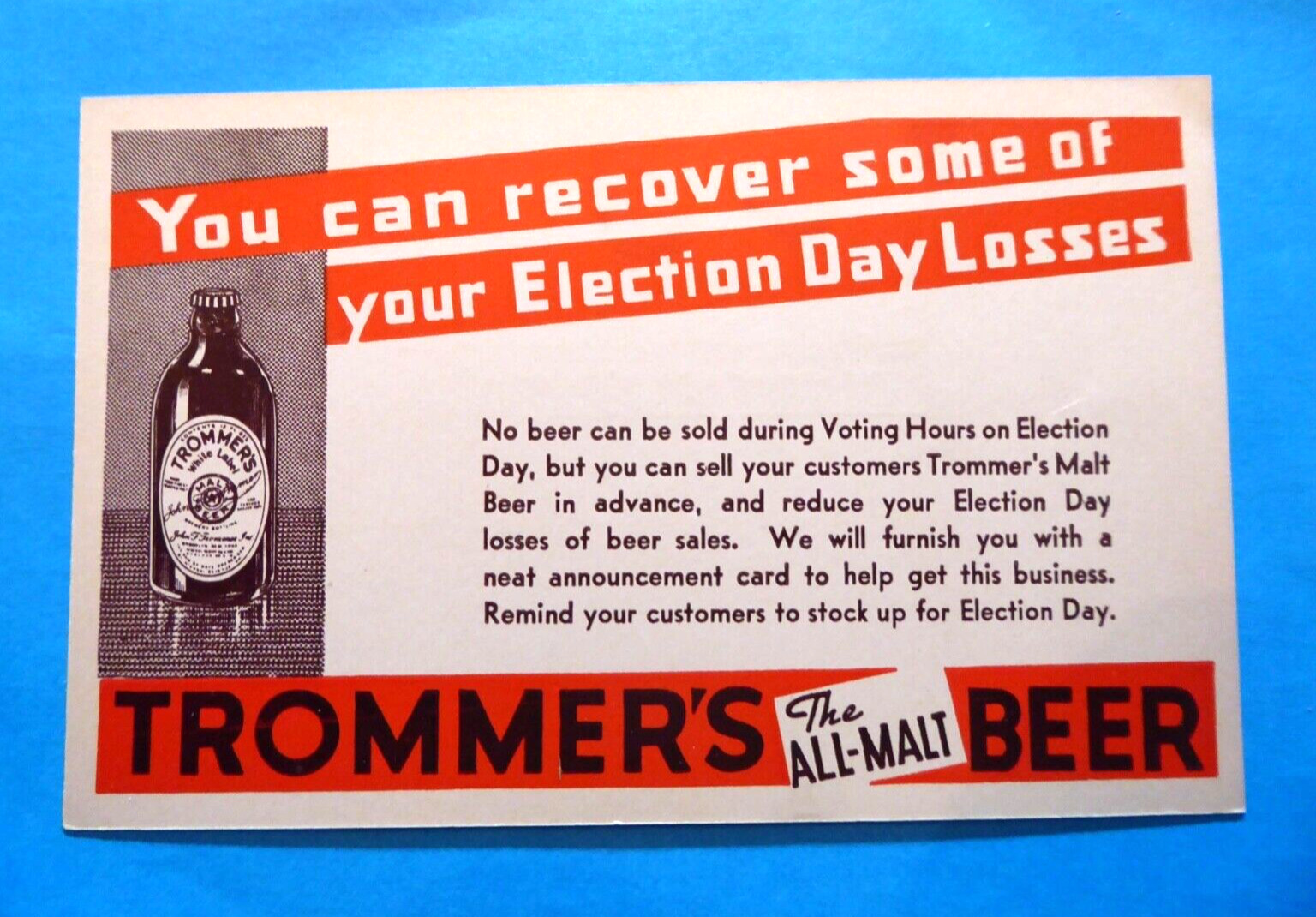 Trommer\'s The ALL- MALT  Beer  Election Day post card.