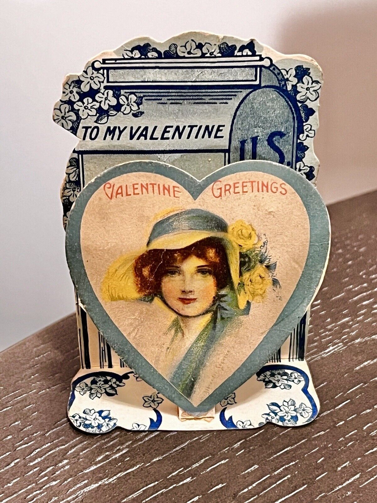 Antique ART NOUVEAU Gal Blue VALENTINE Fold-Out Stand-Up Great HAT & OLD MAILBOX