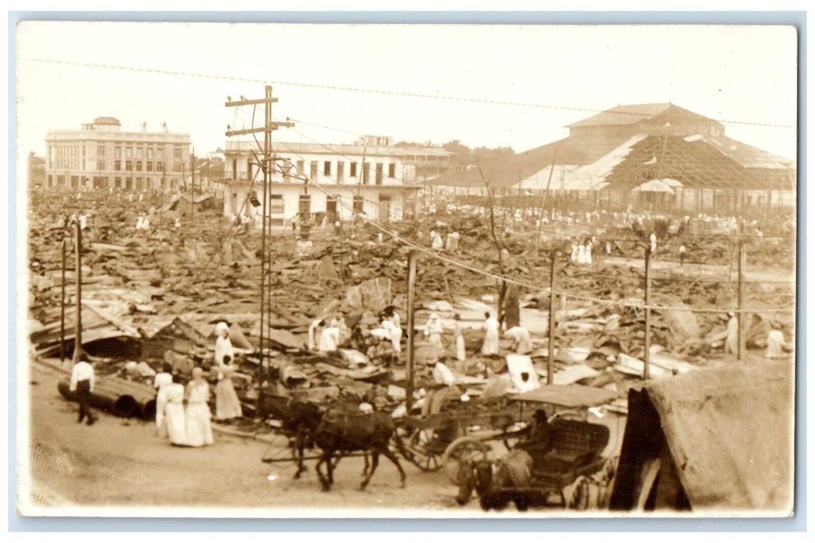 1940 Great Fire Disaster Horse And Wagon Colon Panama RPPC Photo Postcard