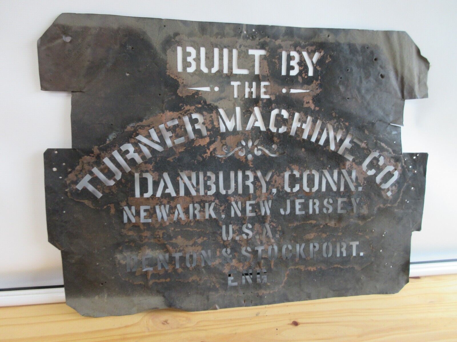 Antique Copper Stencil TURNER MACHINE Co Danbury CT Newark NJ Plaque Sign