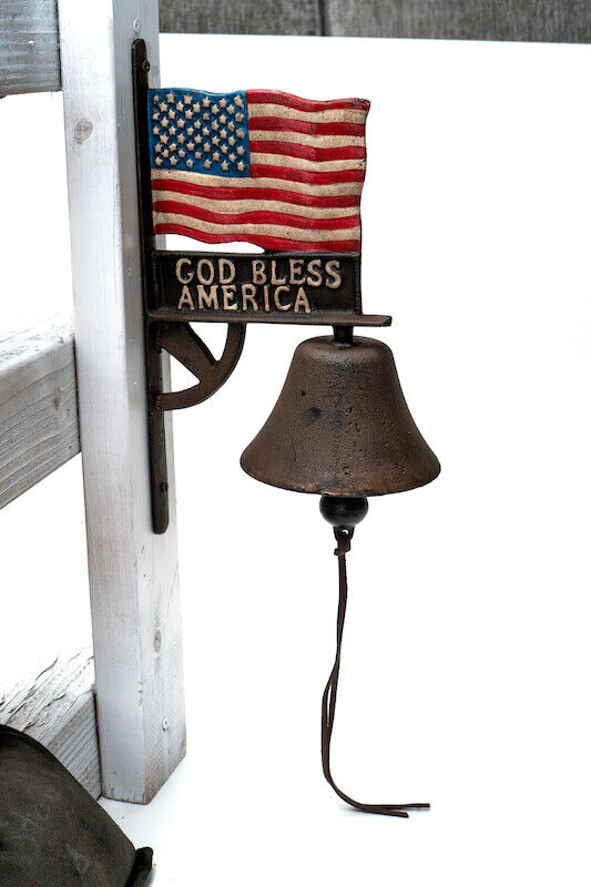 God Bless America Flag Wall Mounted Hanging Bell Sign Cast Iron Antique Finish
